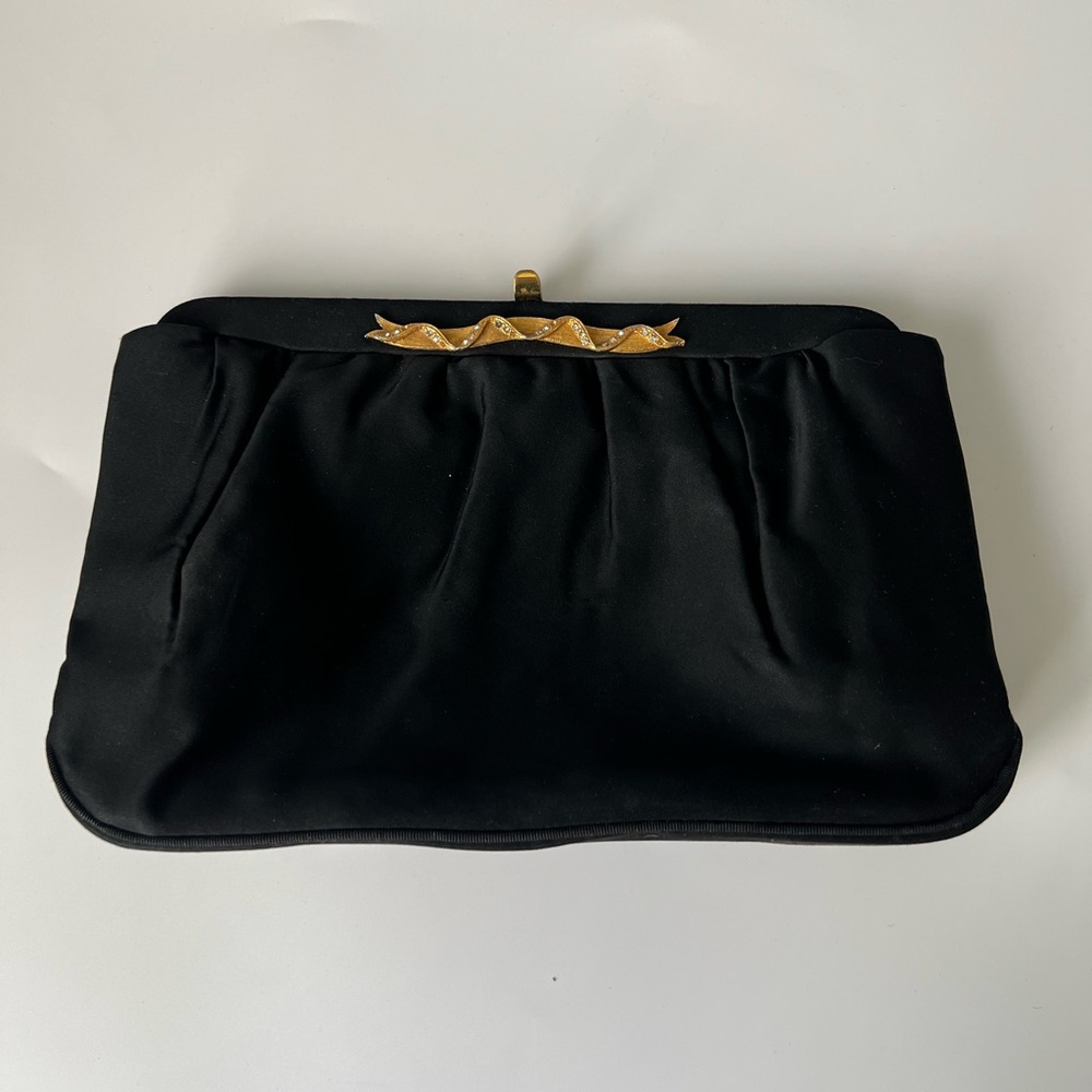 L and M Lowy and Mund 1950s Black Satin Clutch with Gold